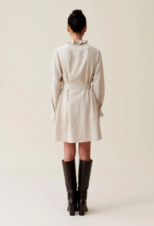 Claudie Pierlot Striped Dress With Ruffle Neck Beige Women Dresses Claudie Pierlot Striped Dress With Ruffle Neck Beige Women Dresses