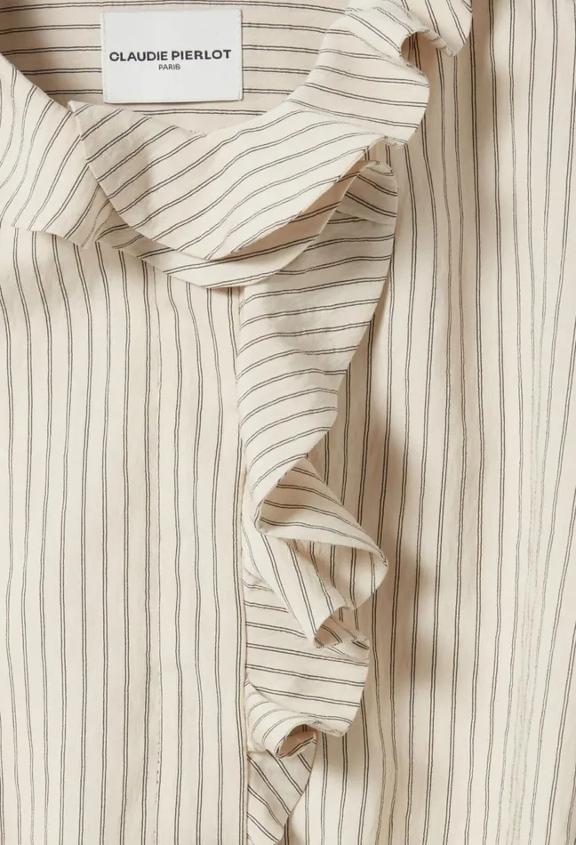 Claudie Pierlot Striped Dress With Ruffle Neck Beige Women Dresses Claudie Pierlot Striped Dress With Ruffle Neck Beige Women Dresses