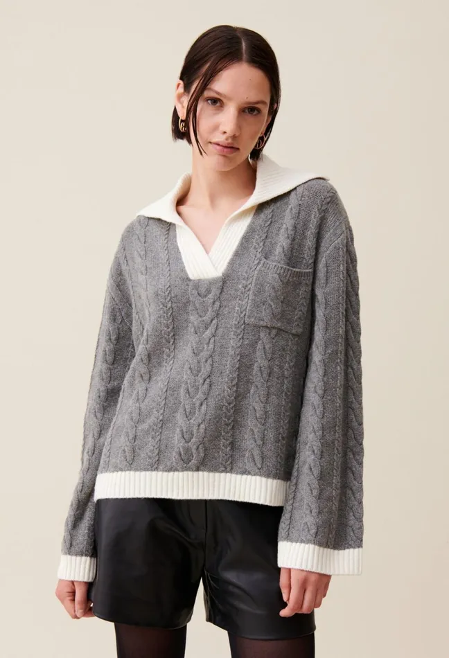 Claudie Pierlot Twisted Polo Neck Jumper Light Grey Women Knitwear And Cardigans Claudie Pierlot Twisted Polo Neck Jumper Light Grey Women Knitwear And Cardigans