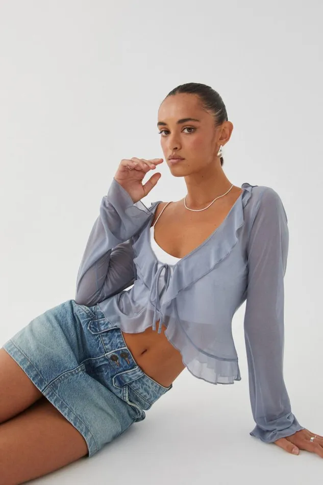 Clothing Supr Long Sleeve Tops Britney Sheer Tie Front Top Blue Grey