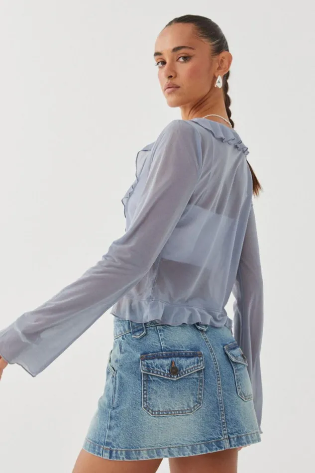 Clothing Supr Long Sleeve Tops Britney Sheer Tie Front Top Blue Grey