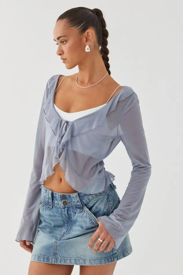 Clothing Supr Long Sleeve Tops Britney Sheer Tie Front Top Blue Grey