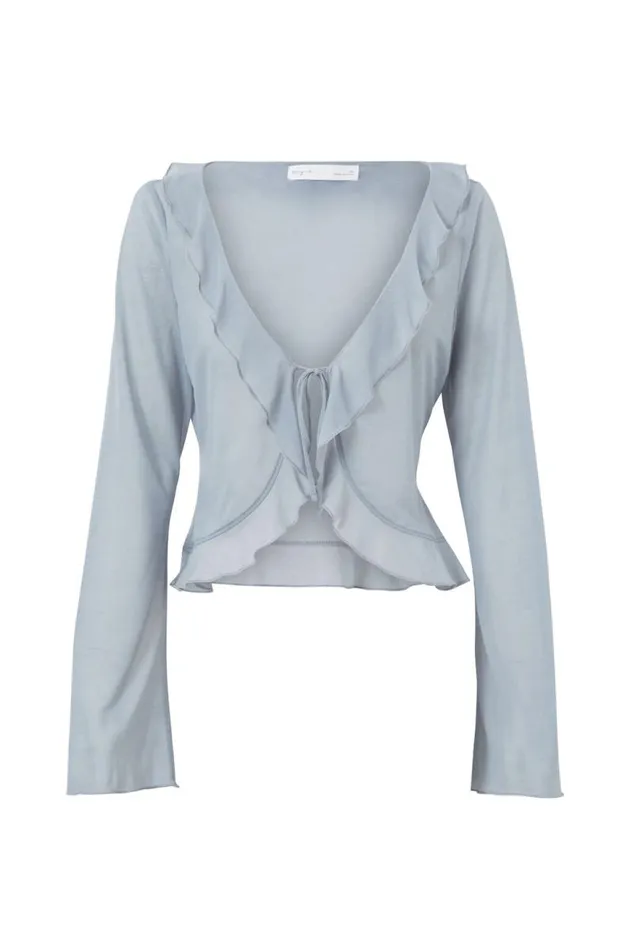 Clothing Supr Long Sleeve Tops Britney Sheer Tie Front Top Blue Grey