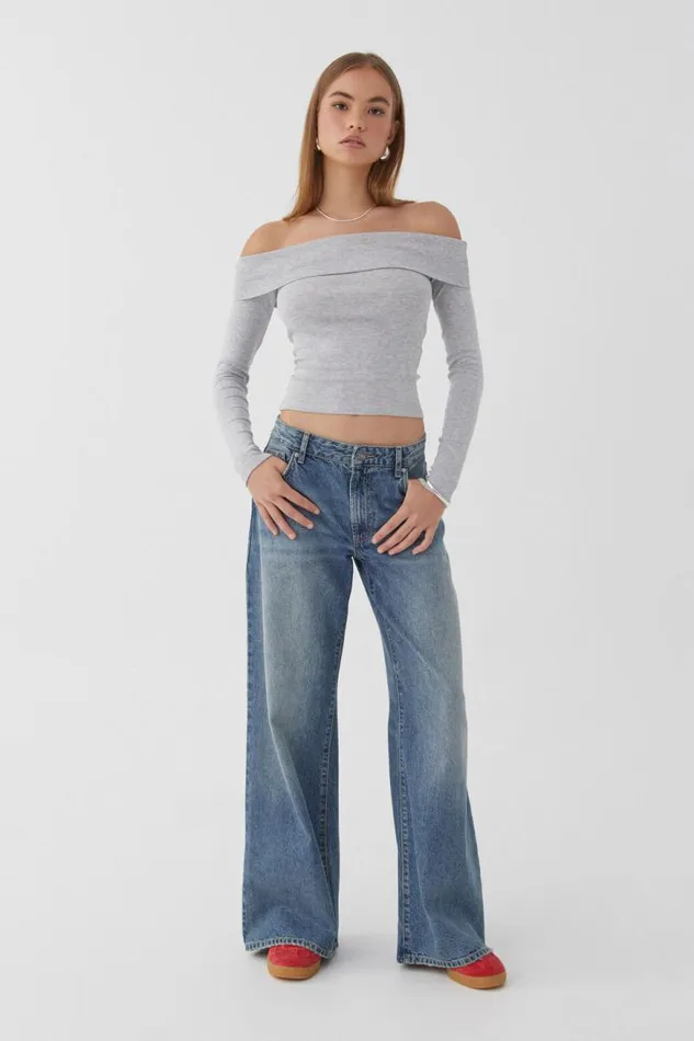 Clothing Supr Long Sleeve Tops Jasmine Rib Off The Shoulder Top Silver Grey Marle