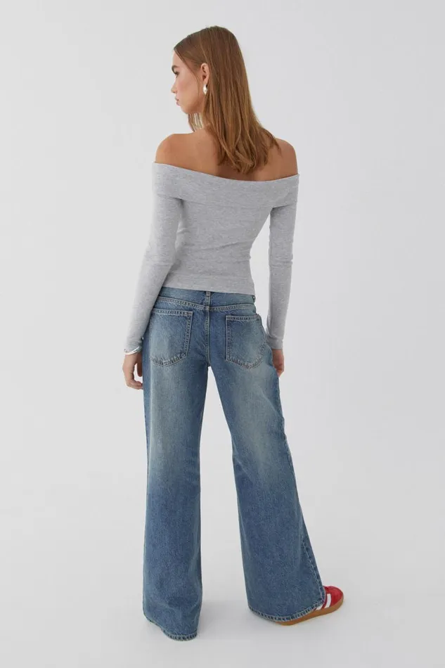 Clothing Supr Long Sleeve Tops Jasmine Rib Off The Shoulder Top Silver Grey Marle
