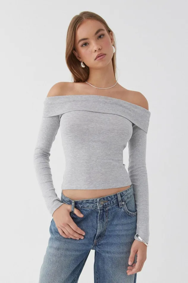 Clothing Supr Long Sleeve Tops Jasmine Rib Off The Shoulder Top Silver Grey Marle
