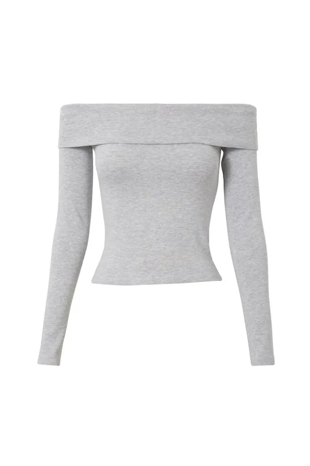 Clothing Supr Long Sleeve Tops Jasmine Rib Off The Shoulder Top Silver Grey Marle