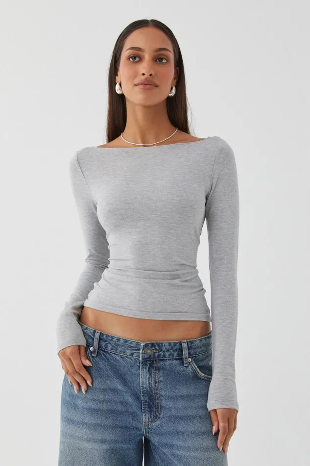 Clothing Supr Long Sleeve Tops Soft Boat Neck Long Sleeve Top Grey Marle