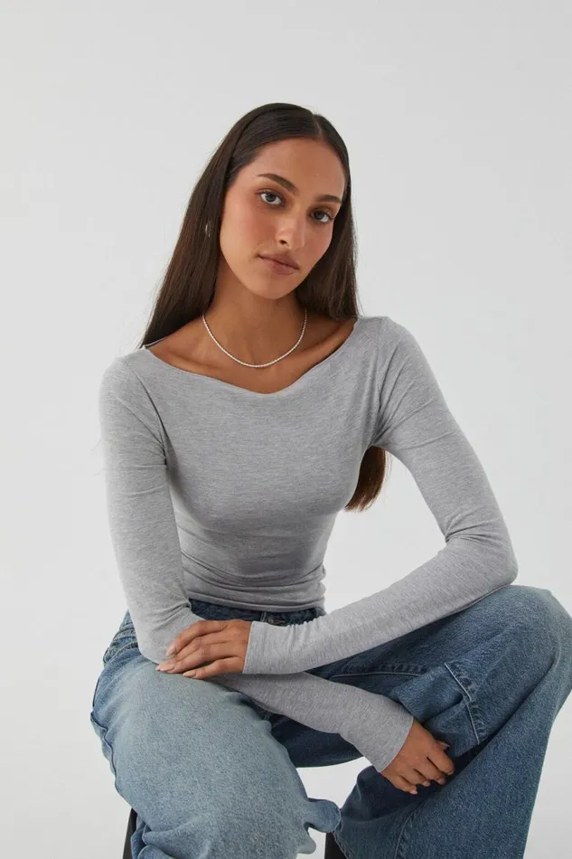 Clothing Supr Long Sleeve Tops Soft Boat Neck Long Sleeve Top Grey Marle