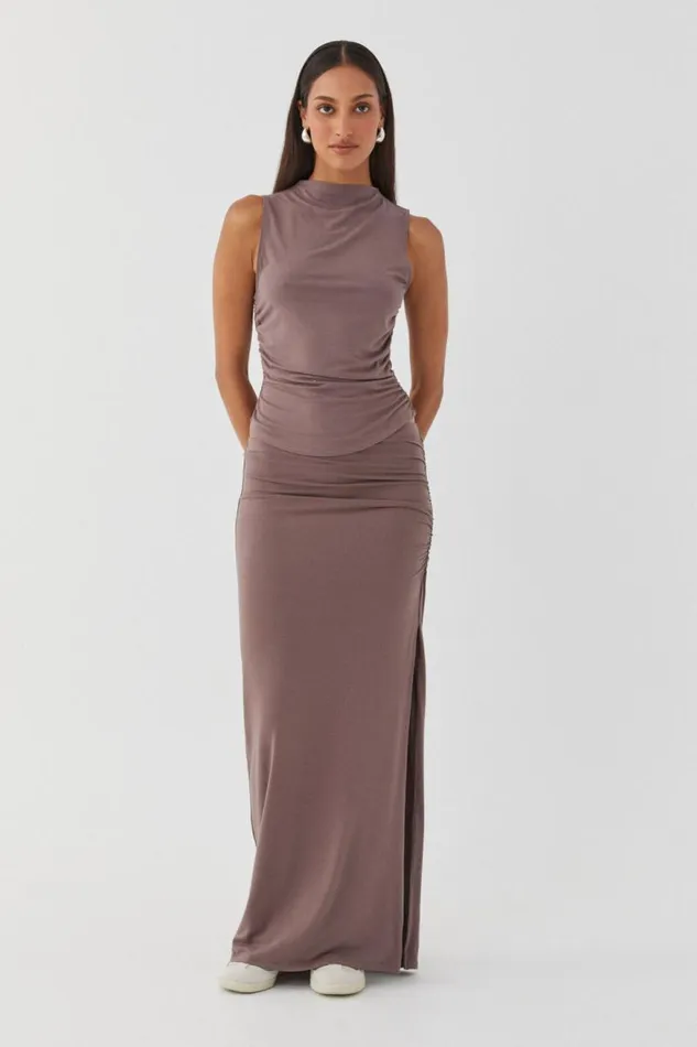 Clothing Supr Skirts Soft Ruched Split Maxi Skirt Brown Carob