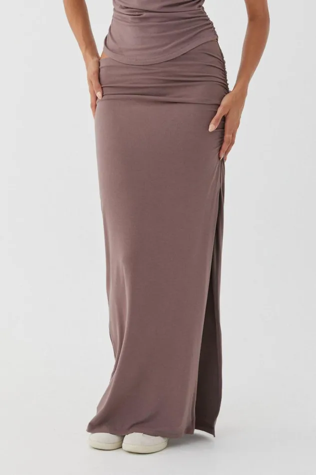 Clothing Supr Skirts Soft Ruched Split Maxi Skirt Brown Carob