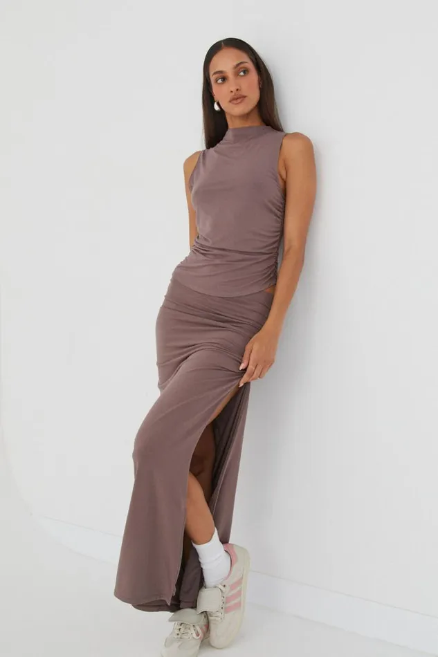 Clothing Supr Skirts Soft Ruched Split Maxi Skirt Brown Carob