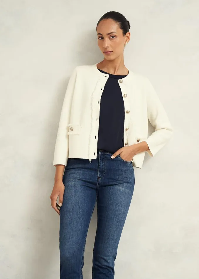 Coats and Jackets Women HOBBS Sairey Cotton Wool Knitted Jacket Warm Ivory