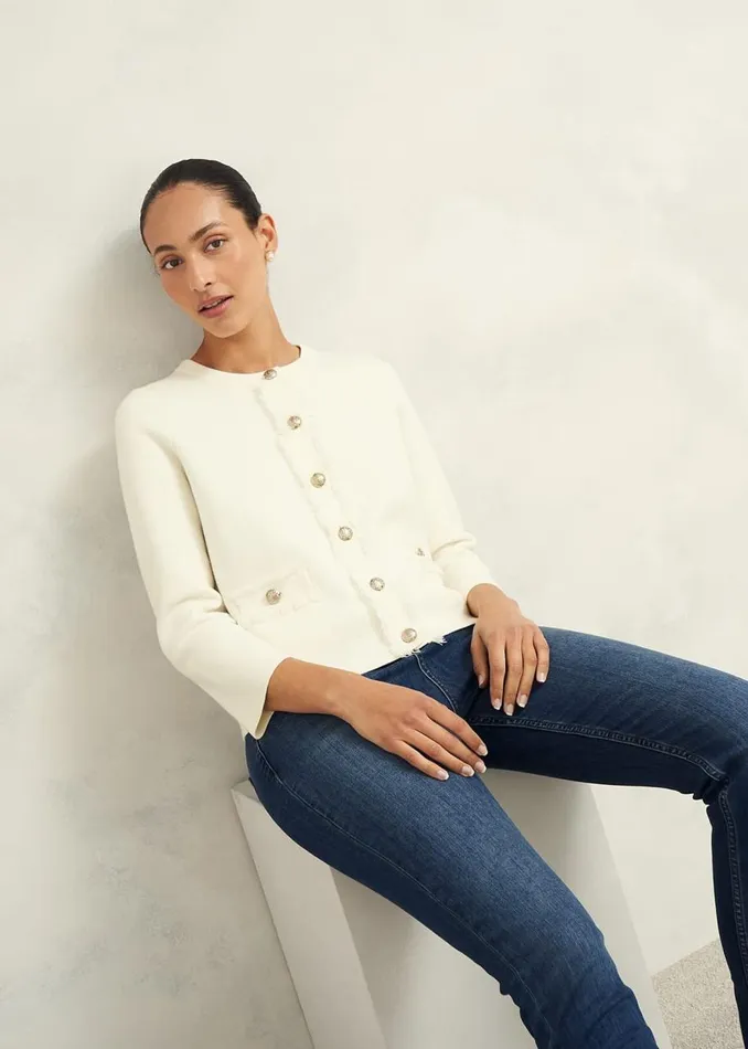 Coats and Jackets Women HOBBS Sairey Cotton Wool Knitted Jacket Warm Ivory