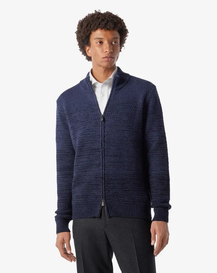 Corneliani Knitwear Blue Wool And Cashmere Full Zip Turtleneck Sweater 8211 Men