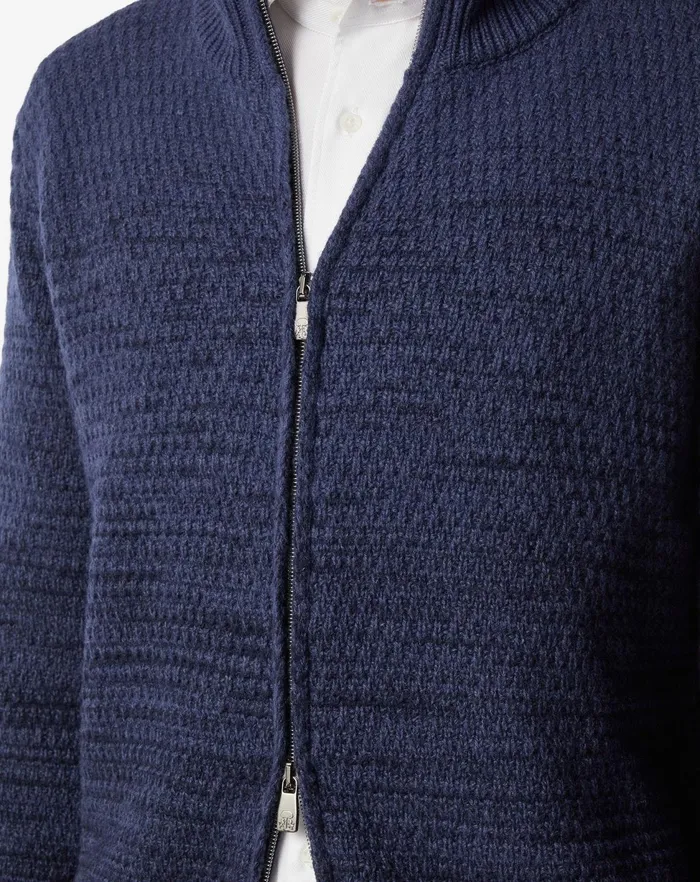 Corneliani Knitwear Blue Wool And Cashmere Full Zip Turtleneck Sweater 8211 Men