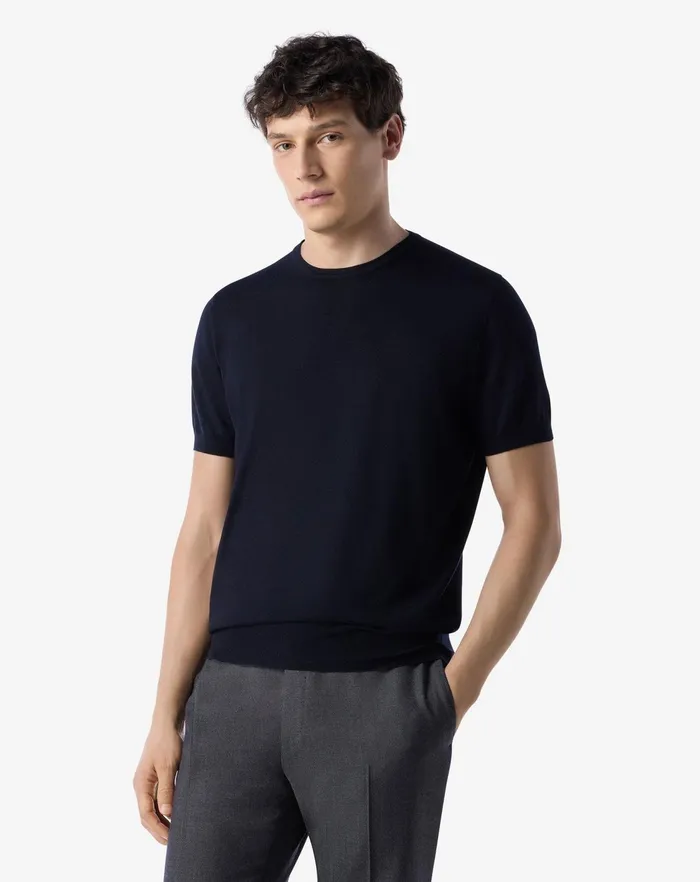 Corneliani Polos and TShirts Navy Blue Ultra Fine Wool Crewneck Jumper For Men 8211 Men