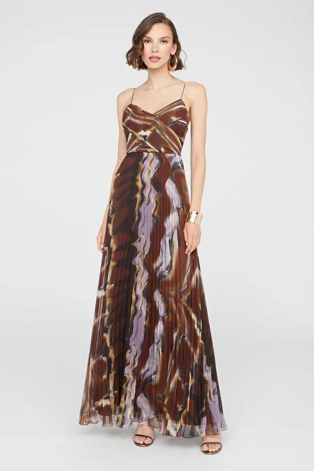 Dresses Women Halston Fosette Gown In Chiffon Earth Strata