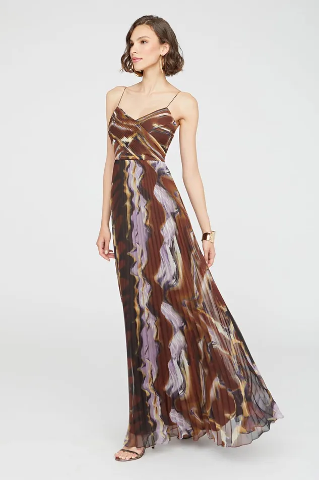 Dresses Women Halston Fosette Gown In Chiffon Earth Strata