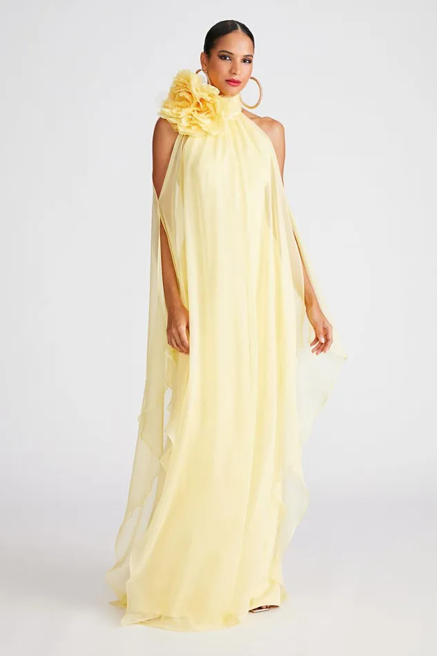 Dresses Women Halston Ginnie Gown In Crepe and Chiffon Buttermilk