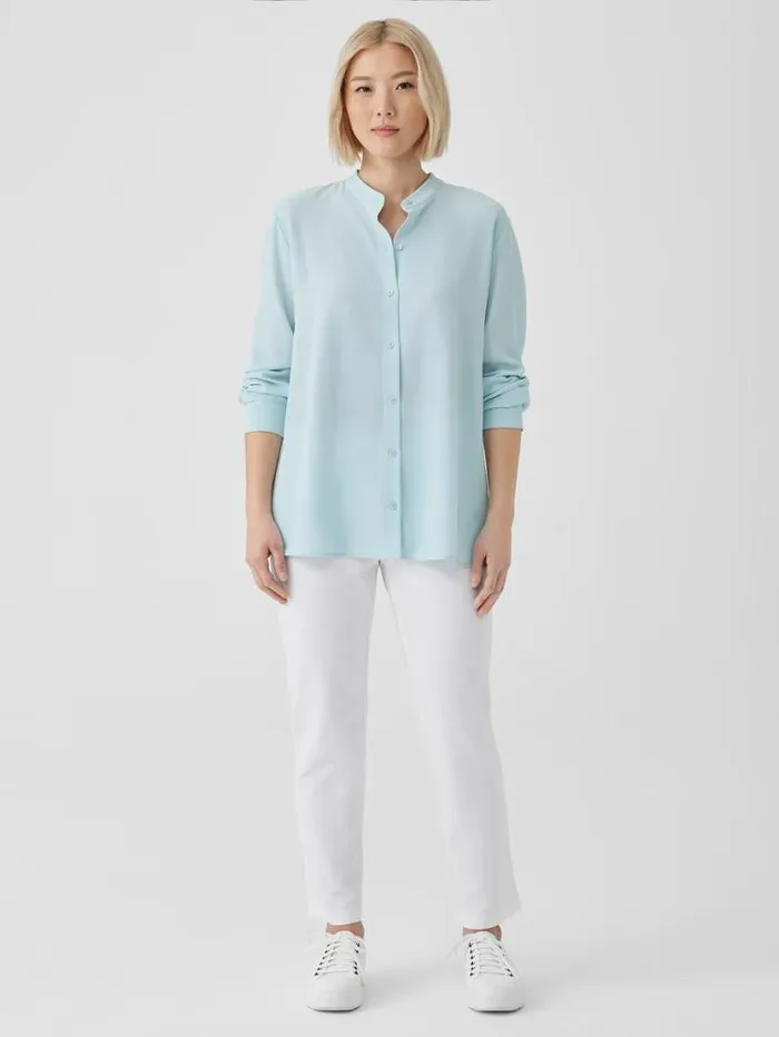 Eileen Fisher Pants Shorts and Jumpsuits Silk Georgette Crepe Band Collar Shirt Clearwater 8211 Shop