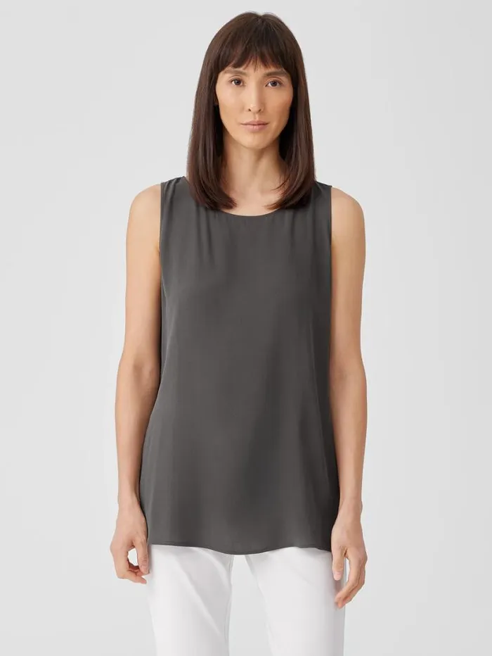 Eileen Fisher Tanks and Camis Silk Georgette CrepeBallet Neck Long Tank Grove 8211 Shop