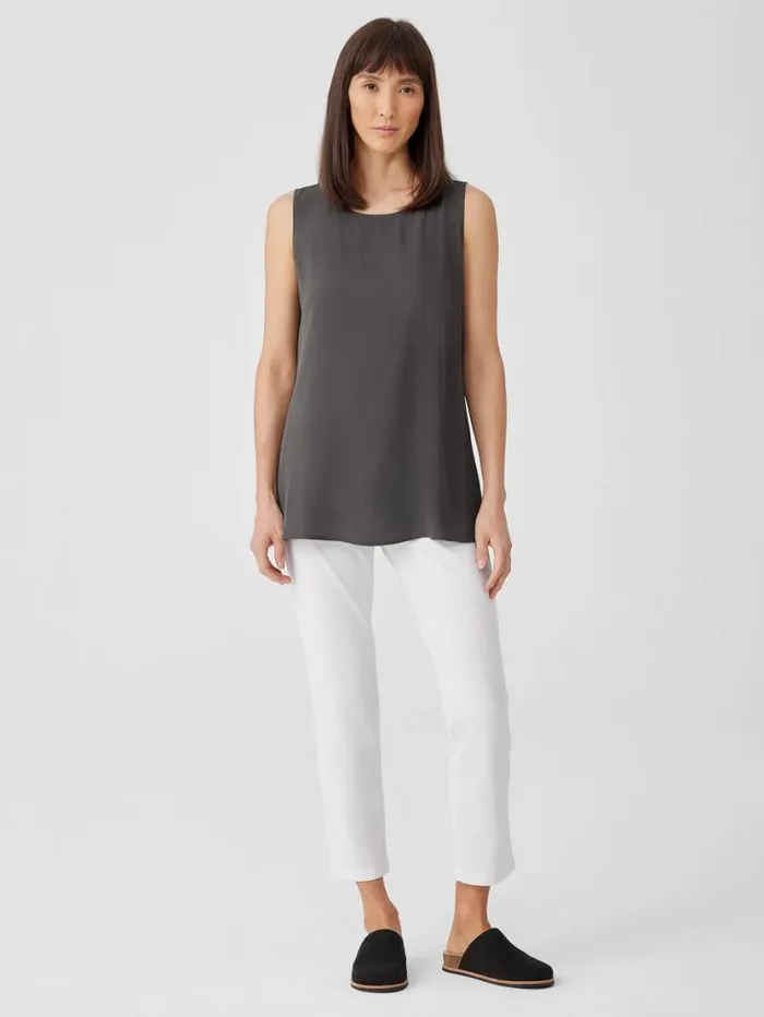 Eileen Fisher Tanks and Camis Silk Georgette CrepeBallet Neck Long Tank Grove 8211 Shop