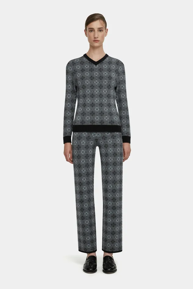 Emilia Wickstead Lowe Knitted Trousers in Grey and Cloud Blue Jacquard Women Trousers