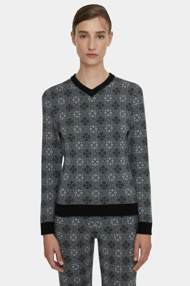 Emilia Wickstead Lowe Knitted Trousers in Grey and Cloud Blue Jacquard Women Trousers Emilia Wickstead Lowe Knitted Trousers in Grey and Cloud Blue Jacquard Women Trousers
