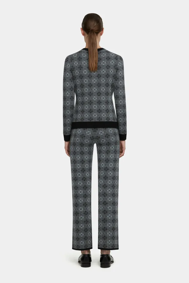 Emilia Wickstead Lowe Knitted Trousers in Grey and Cloud Blue Jacquard Women Trousers Emilia Wickstead Lowe Knitted Trousers in Grey and Cloud Blue Jacquard Women Trousers