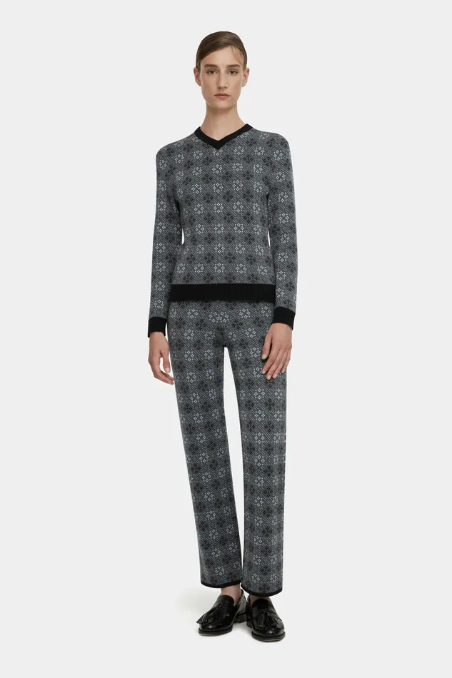 Emilia Wickstead Lowe Knitted Trousers in Grey and Cloud Blue Jacquard Women Trousers Emilia Wickstead Lowe Knitted Trousers in Grey and Cloud Blue Jacquard Women Trousers