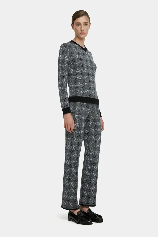 Emilia Wickstead Lowe Knitted Trousers in Grey and Cloud Blue Jacquard Women Trousers Emilia Wickstead Lowe Knitted Trousers in Grey and Cloud Blue Jacquard Women Trousers
