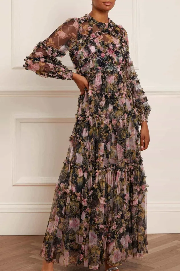 English Rose Diamond Ruffle Gown Black Women Needle and Thread Dresses