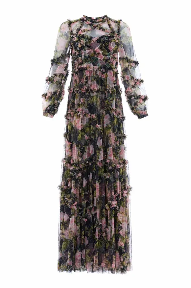 English Rose Diamond Ruffle Gown Black Women Needle and Thread Dresses