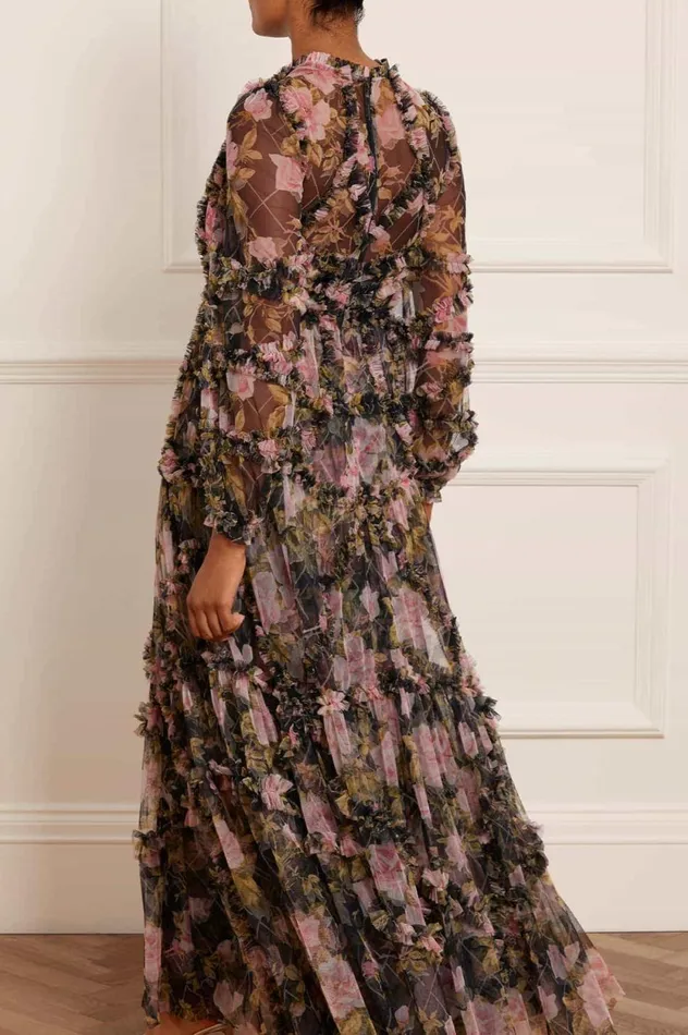 English Rose Diamond Ruffle Gown Black Women Needle and Thread Dresses