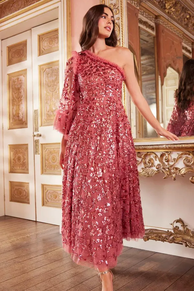 Falling Leaves OneShoulder Ankle Gown Pink Women Needle and Thread Dresses