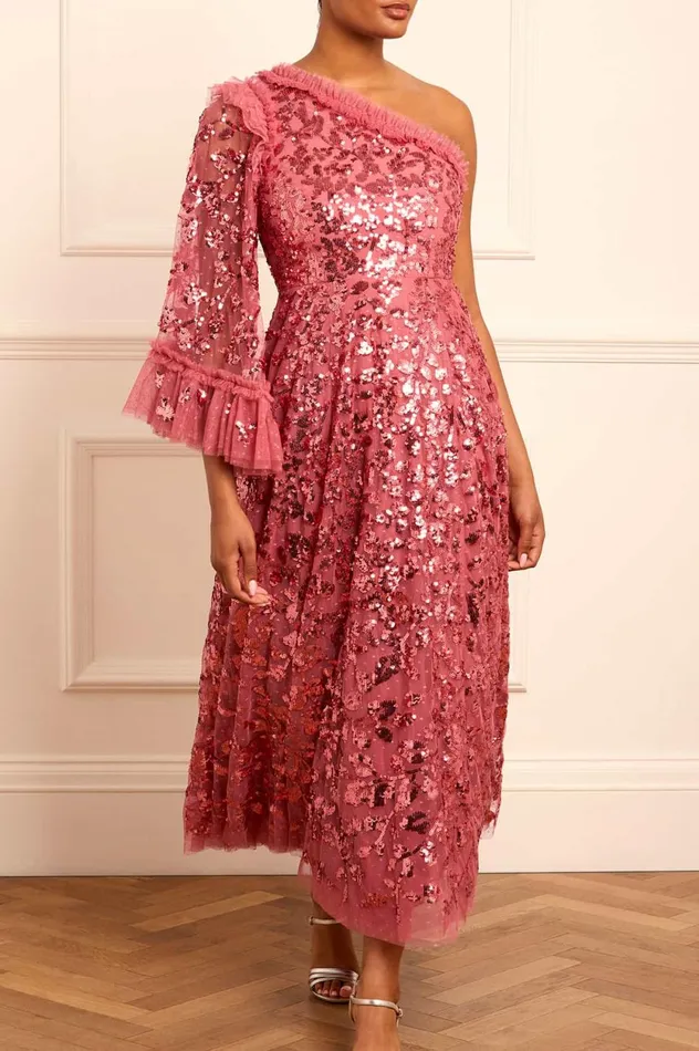 Falling Leaves OneShoulder Ankle Gown Pink Women Needle and Thread Dresses