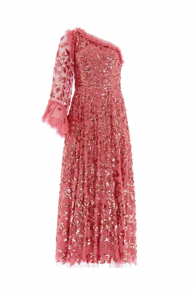 Falling Leaves OneShoulder Ankle Gown Pink Women Needle and Thread Dresses