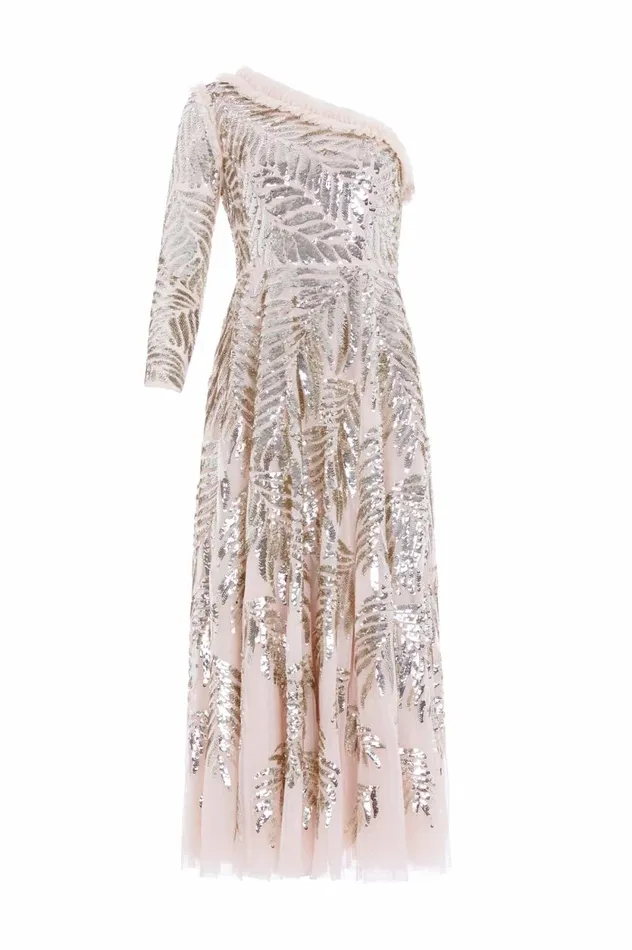 Feather Sequin OneShoulder Ankle Gown Beige Women Needle and Thread Dresses