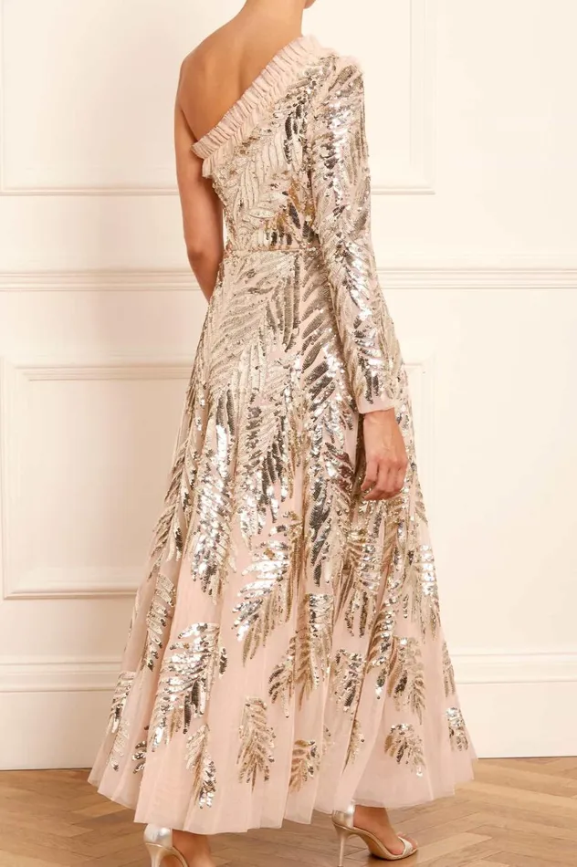 Feather Sequin OneShoulder Ankle Gown Beige Women Needle and Thread Dresses