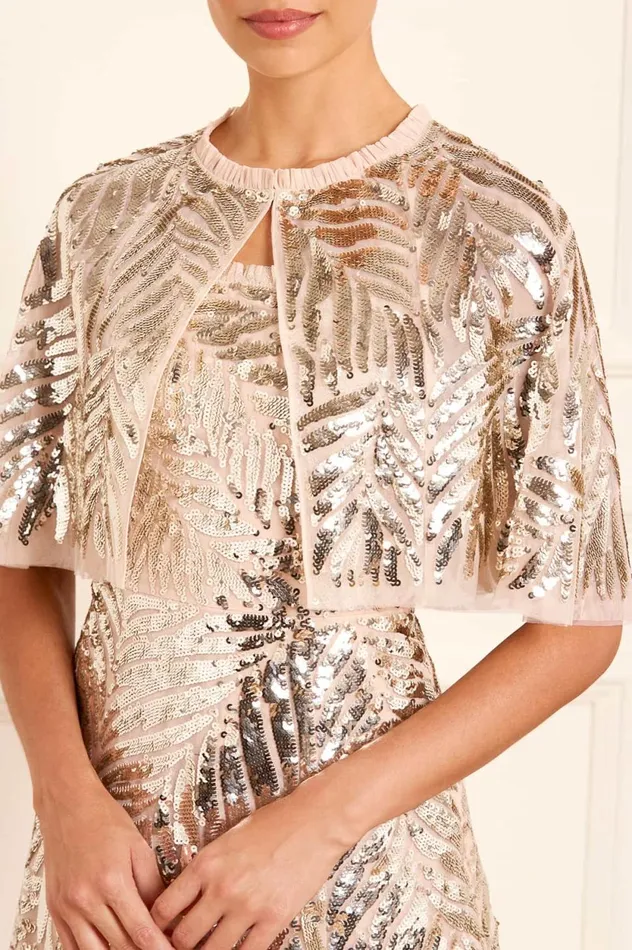 Feather Sequin Short Open Cape Beige Women Needle and Thread Capes