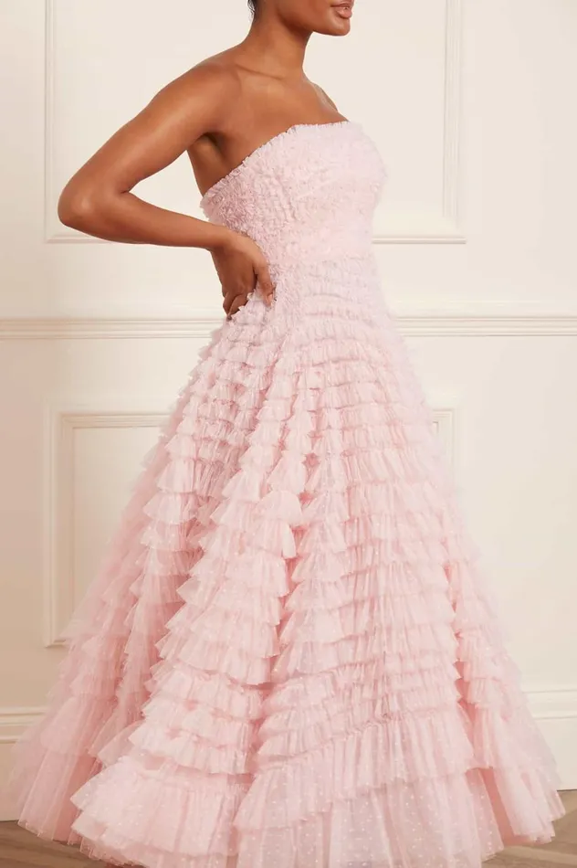 Hattie Ruffle Strapless Ankle Gown Pink Women Needle and Thread Dresses