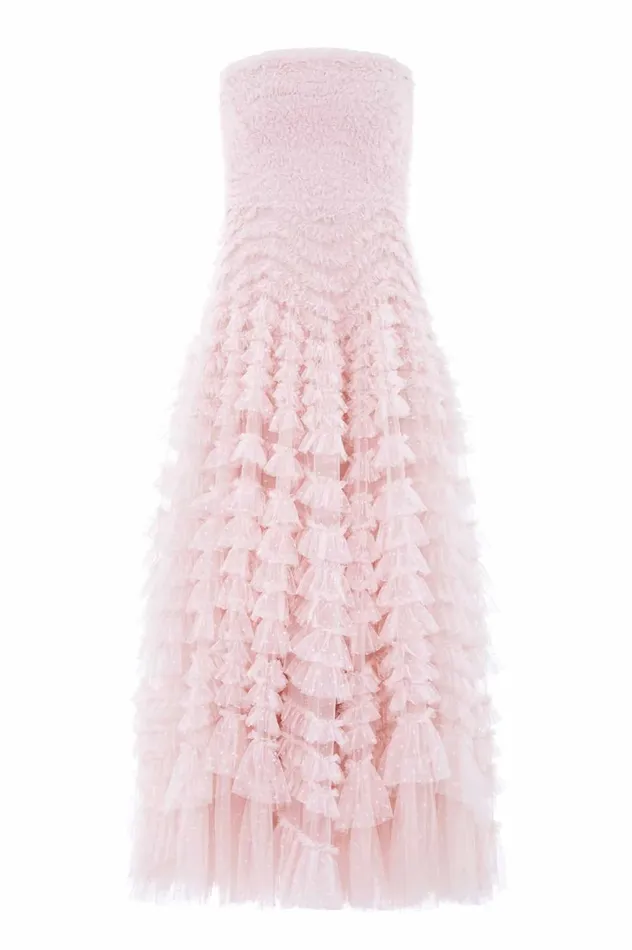 Hattie Ruffle Strapless Ankle Gown Pink Women Needle and Thread Dresses