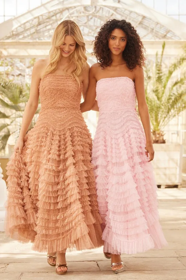 Hattie Ruffle Strapless Ankle Gown Pink Women Needle and Thread Dresses