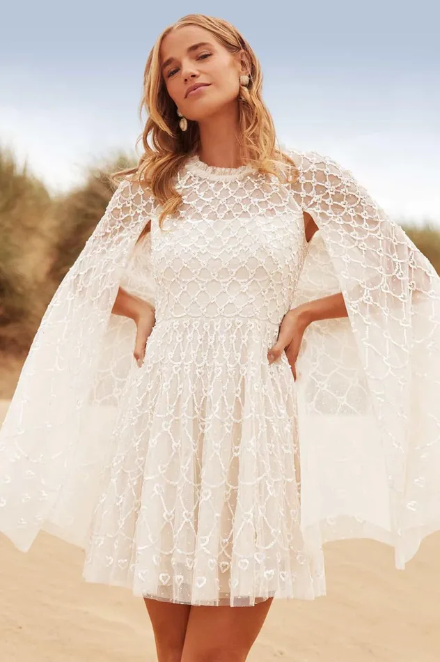 Heart Lattice Micro Mini Dress Champagne Women Needle and Thread Dresses