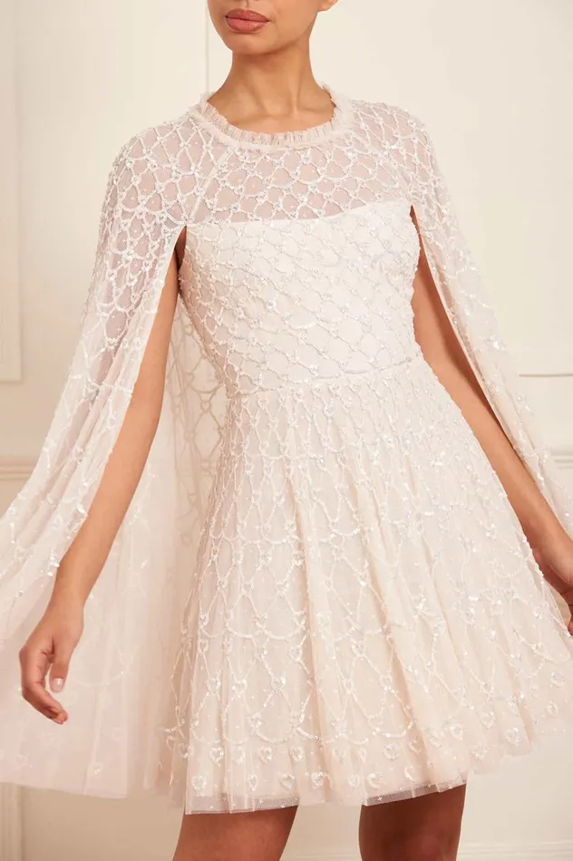 Heart Lattice Micro Mini Dress Champagne Women Needle and Thread Dresses