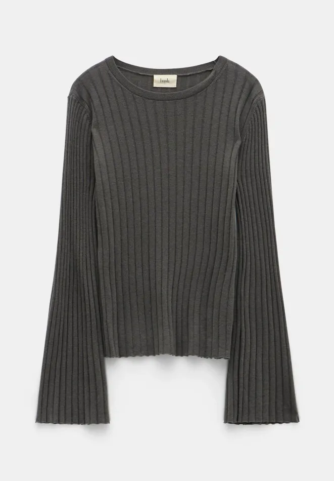 Hush Jumpers and Cardigans Women Zelda Fluted Sleeve Rib Wool Blend Jumper Slate Hush Jumpers and Cardigans Women Zelda Fluted Sleeve Rib Wool Blend Jumper Slate