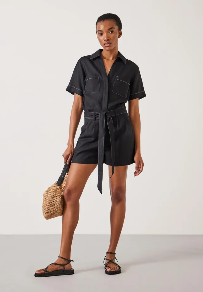 Hush Jumpsuits Women Fran Contrast Stitch Linen Playsuit Black