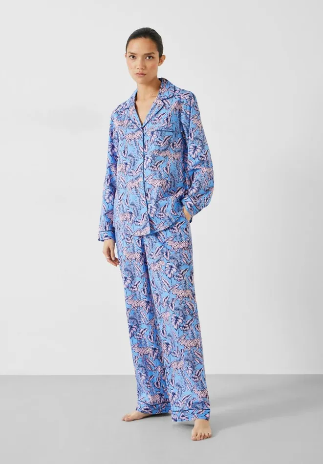 Hush Pyjamas and Nightwear Women Isla Printed Cotton Pyjama Set Jungle Leopard Pinkblue