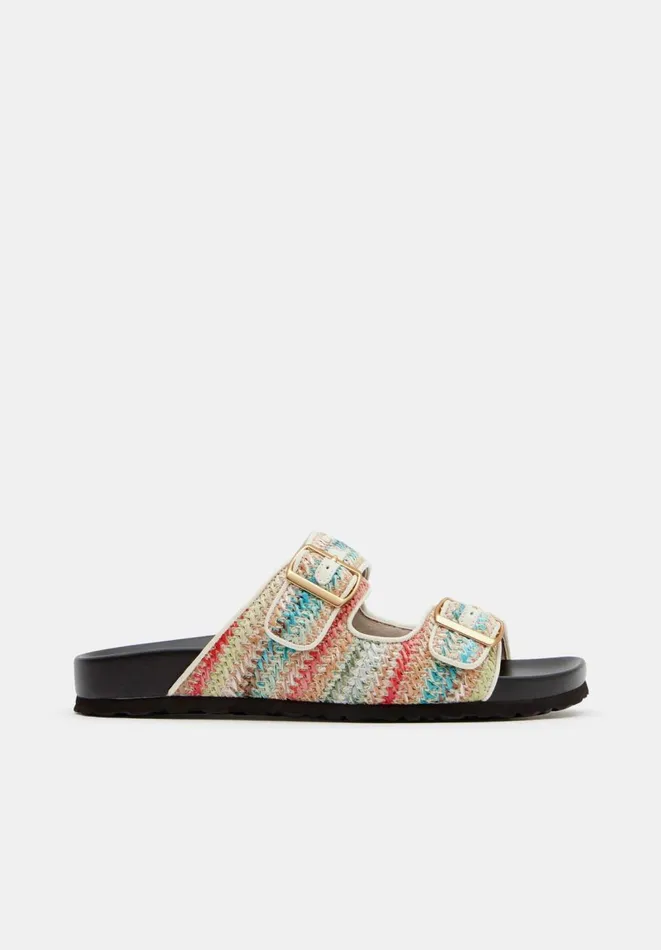 Hush Sandals Women Raffia Buckle Footbed Sandals Multi Colour Stripe